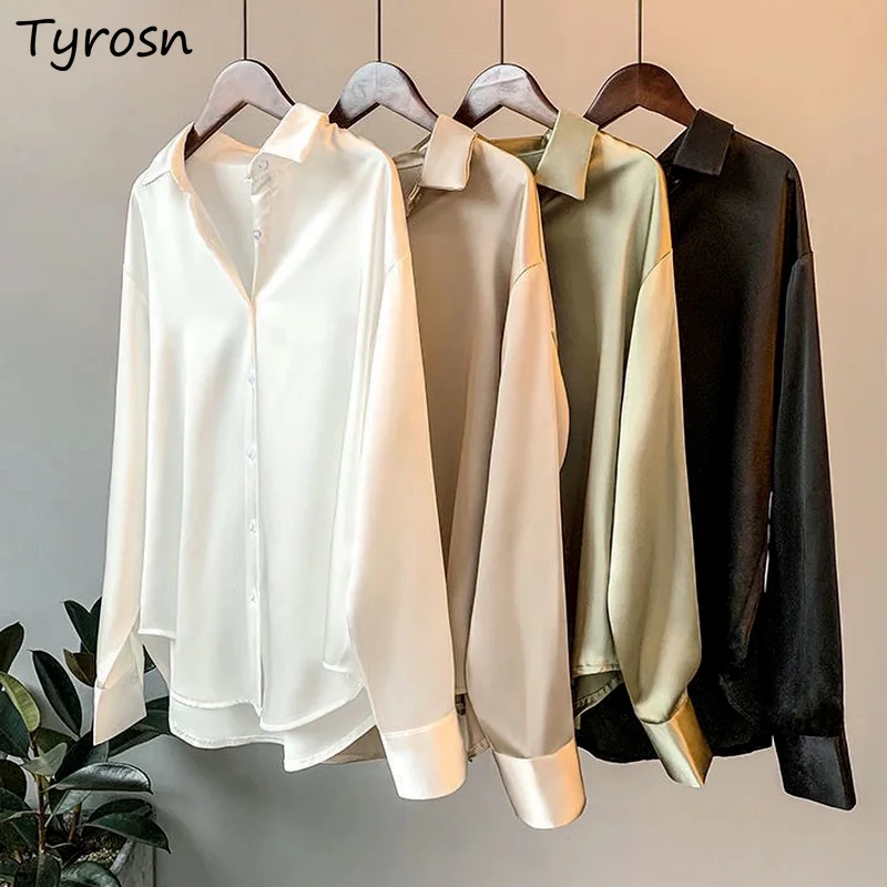 

Satin Shirts Women Cozy Long Sleeve Single Breasted Solid Blouses Draped Fashion All-match S-3XL Turn-down Collar Retro Femme
