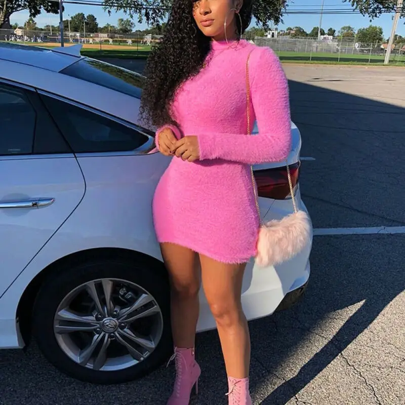 Зимний плюшевый свитер платье для женщин вечерние облегающее Рождественская