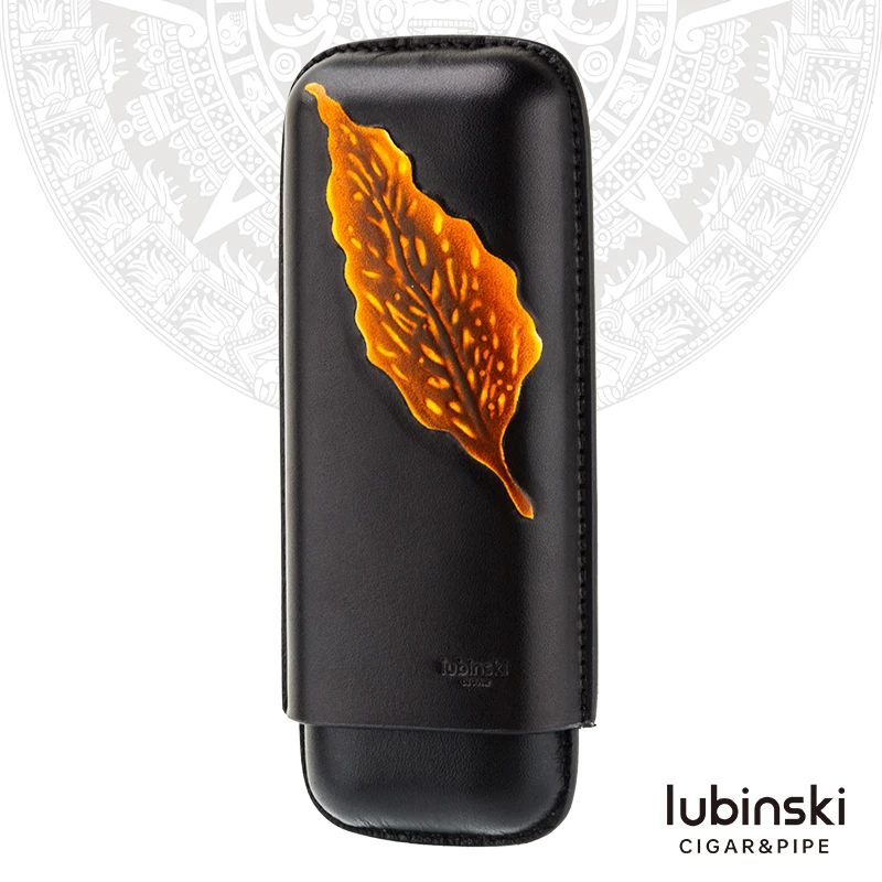 LUBINSKI Leaf Pattern Black Genuine Leather Cigar Case Travel Case Humidor Holder 2/3 Tube Fit Cigars Tobacco