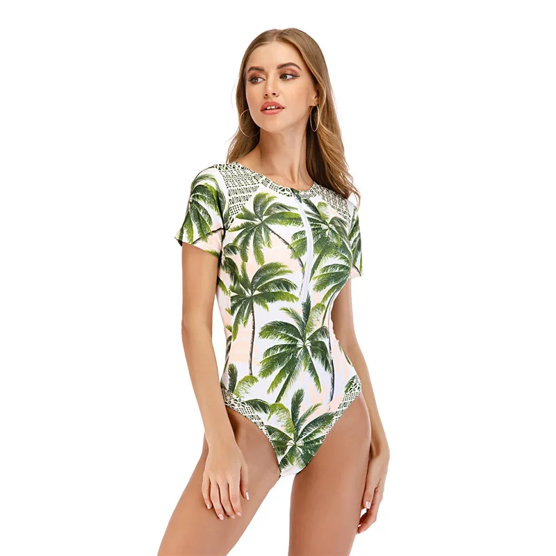 Женский слитный купальник купальный костюм с принтом зеленых листьев для