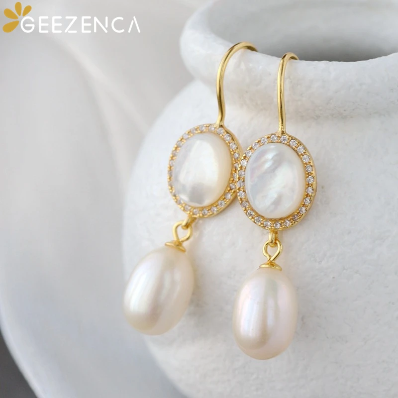 

Nafoge silver jewelry Korean version long 925 Sterling Silver Earrings inlaid with natural pearl white shell fashion gold-plated