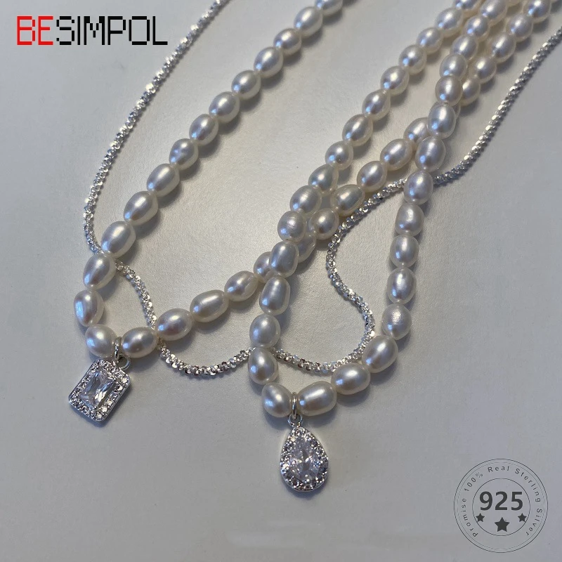 Besimpol элегантный 925 Серебряные натуральным жемчужное ожерелье вечерние AAA циркон