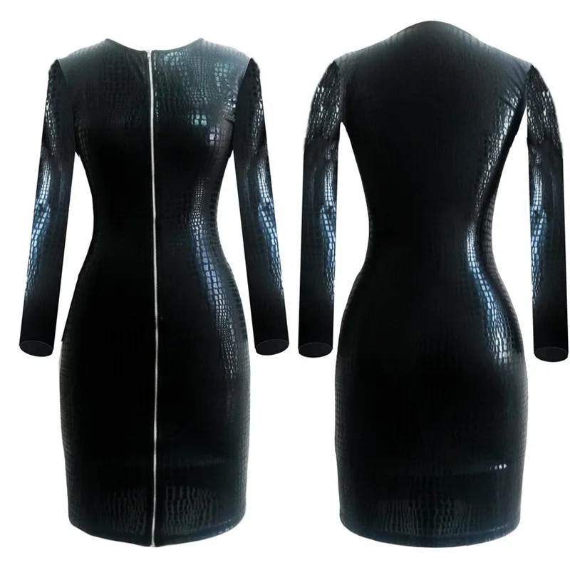 S-3XL Plus Size Dress Women Clothing Sexy Black Snakeskin Faux Leather Bandage 2016 Summer New Zipper Bodycon | Женская одежда