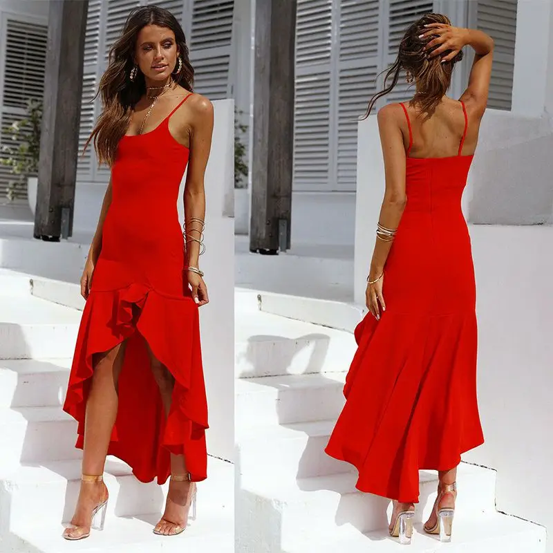 

Women Sleeveless Ruffle Asymmetric Dress Ladies Square Collar Summer Cocktail Long Maxi Dress Sexy Solid Breathable Sundresses