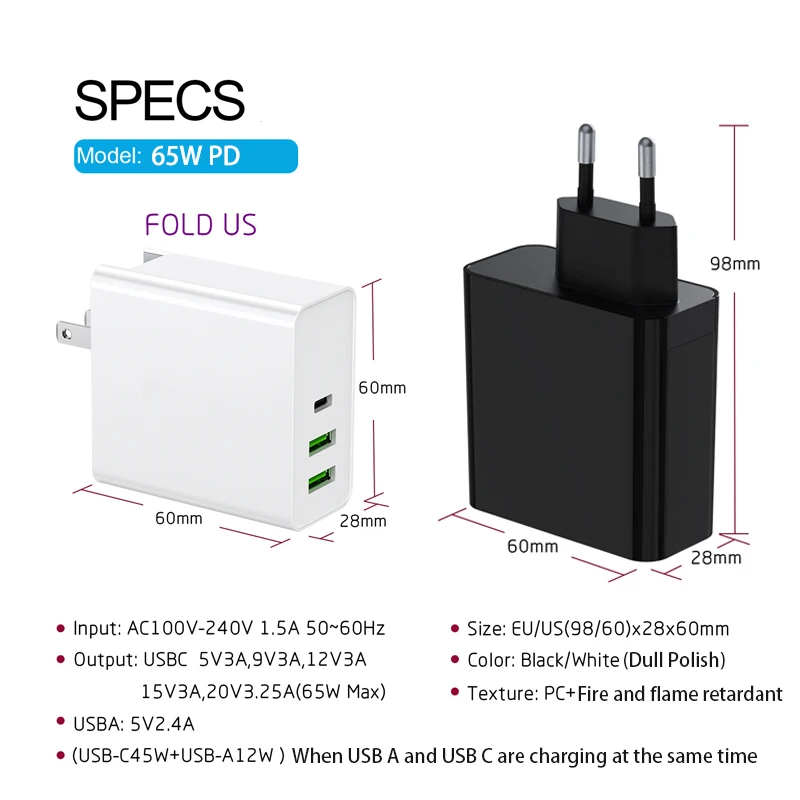 65w type c usb c адаптер питания pd60w 45 вт qc3 0 зар