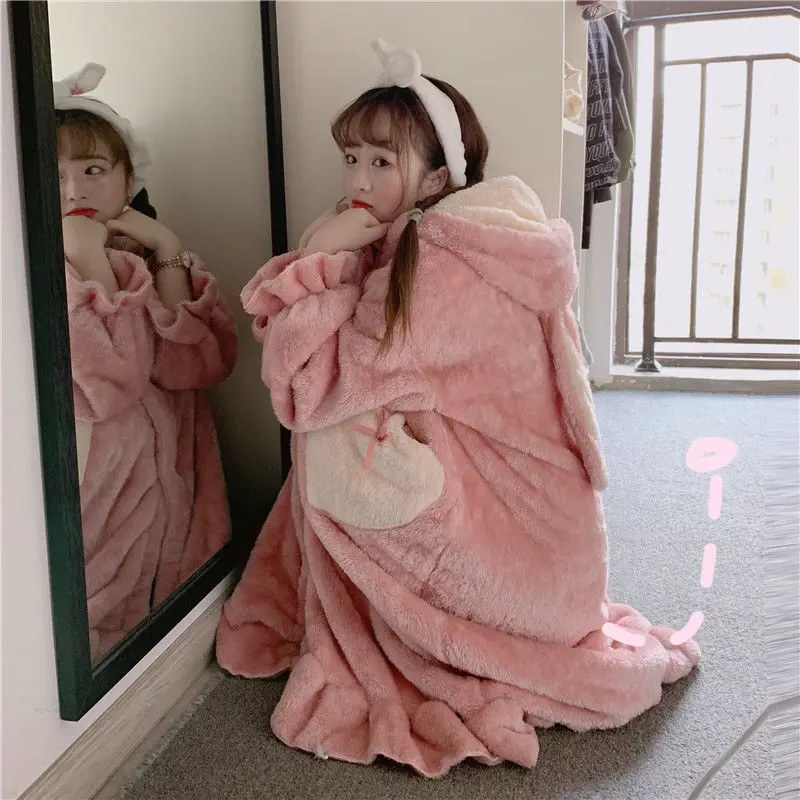 SOUGEN Women's Home Clothes Flannel Sleepwear Rabbit Ears Hooded Lounge Ruffle Hem Women Nightgown Pink Pajamas Winter Thick | Женская