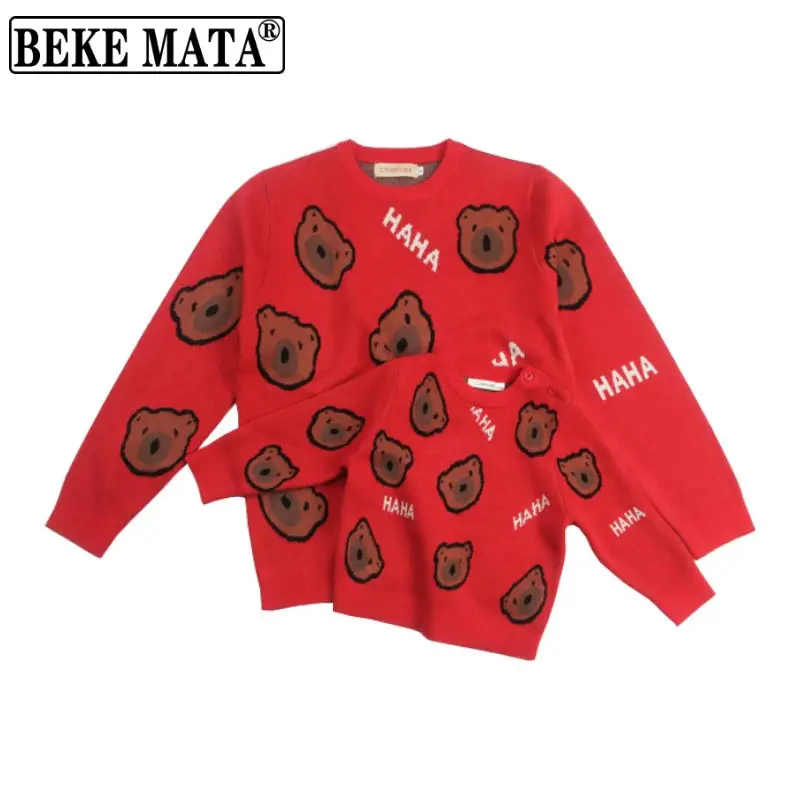 

BEKE MATA 2022 Spring Cartoon Beer Knit Family Matching Sweater Mother And Daughter Clothes Family Look Mom Baby Girl Tops Sets