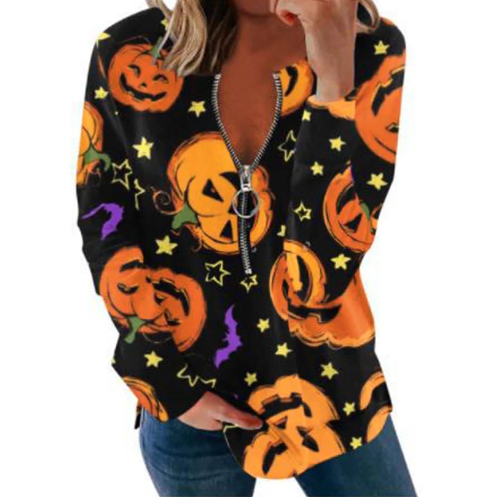 

Women Halloween Pumpkin Ghost Printed Zipper Shirts Autumn Tops Tee O-neck Long Sleeve Casual Sweatshirts Oversize Streetwear