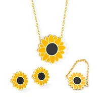 luxukisskids stainless steel flower pendant necklace earring sets fashion women rings accessories gold color chains necklace