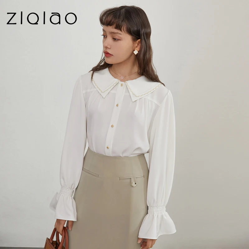 

ZIQIAO Blouses Office Lady White Shirt Female Design Sense Niche Spring 2021 New Long-sleeved French Doll Collar Top