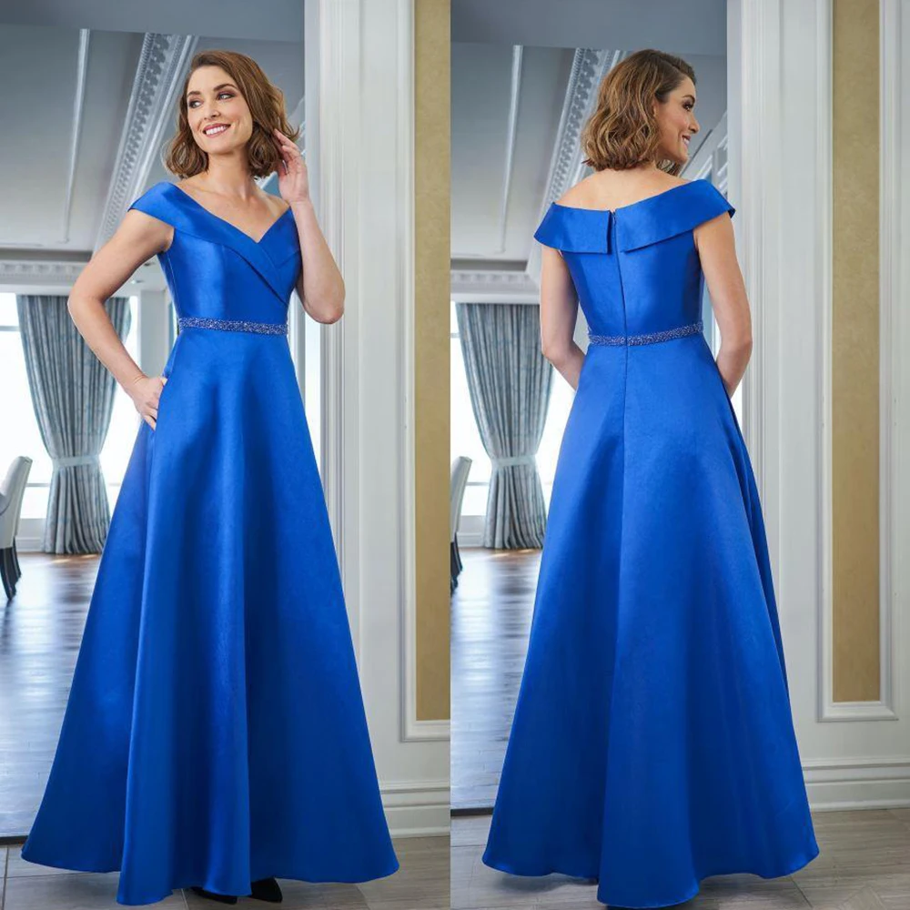 

Royal Blue Satin Mother Of The Bride Dresses Off Shoulder V Neck Back Zipper Belt Sequins Evening Party Gown Customize vestidos