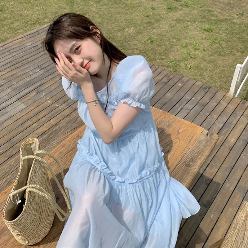 

Summer New Chic O-Neck Puff Sleeve Dress Korean Fashion Elegant Casual Women'S Dress Solid Blue Casual Fairy Dress Females Party