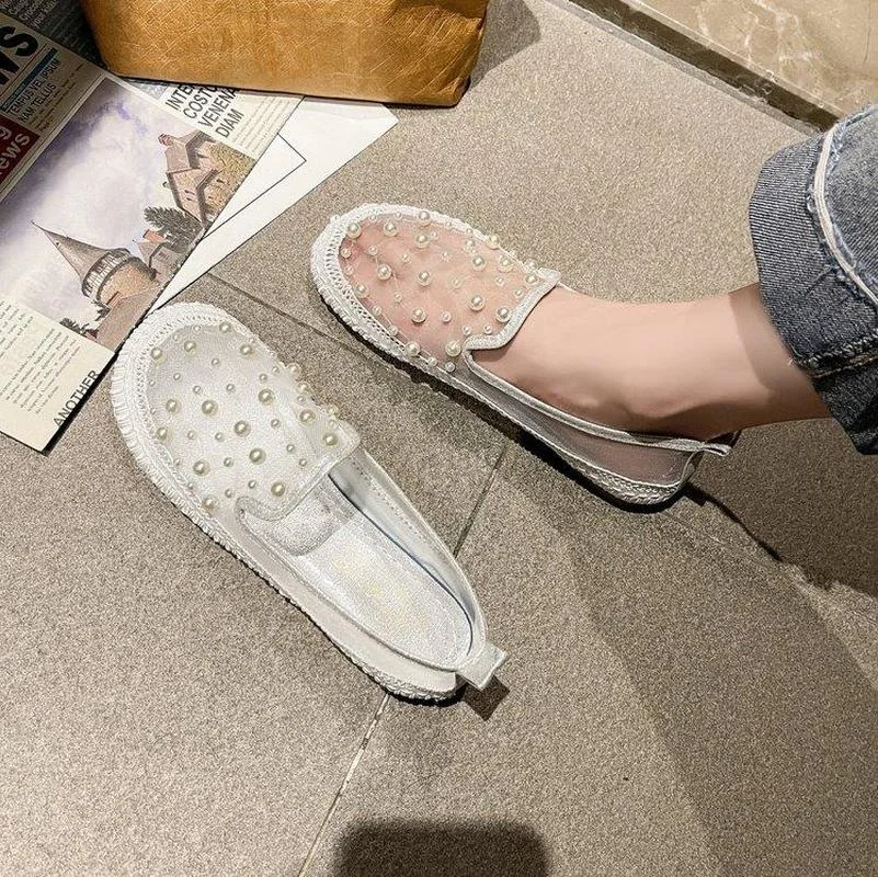 

Women's Flat Shoes Mesh Vamp Sweet Breathable Pearl Embellishment Casual Fashion Round Toe Women's Single Shoes 2021