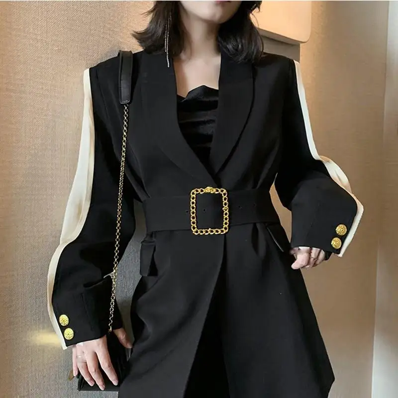 2019 Women Metal Gold Buckle With Belt Blazer Notched Fashion Split Black Hit Color Blazers Coat Ladies Office Loose Jacket | Женская