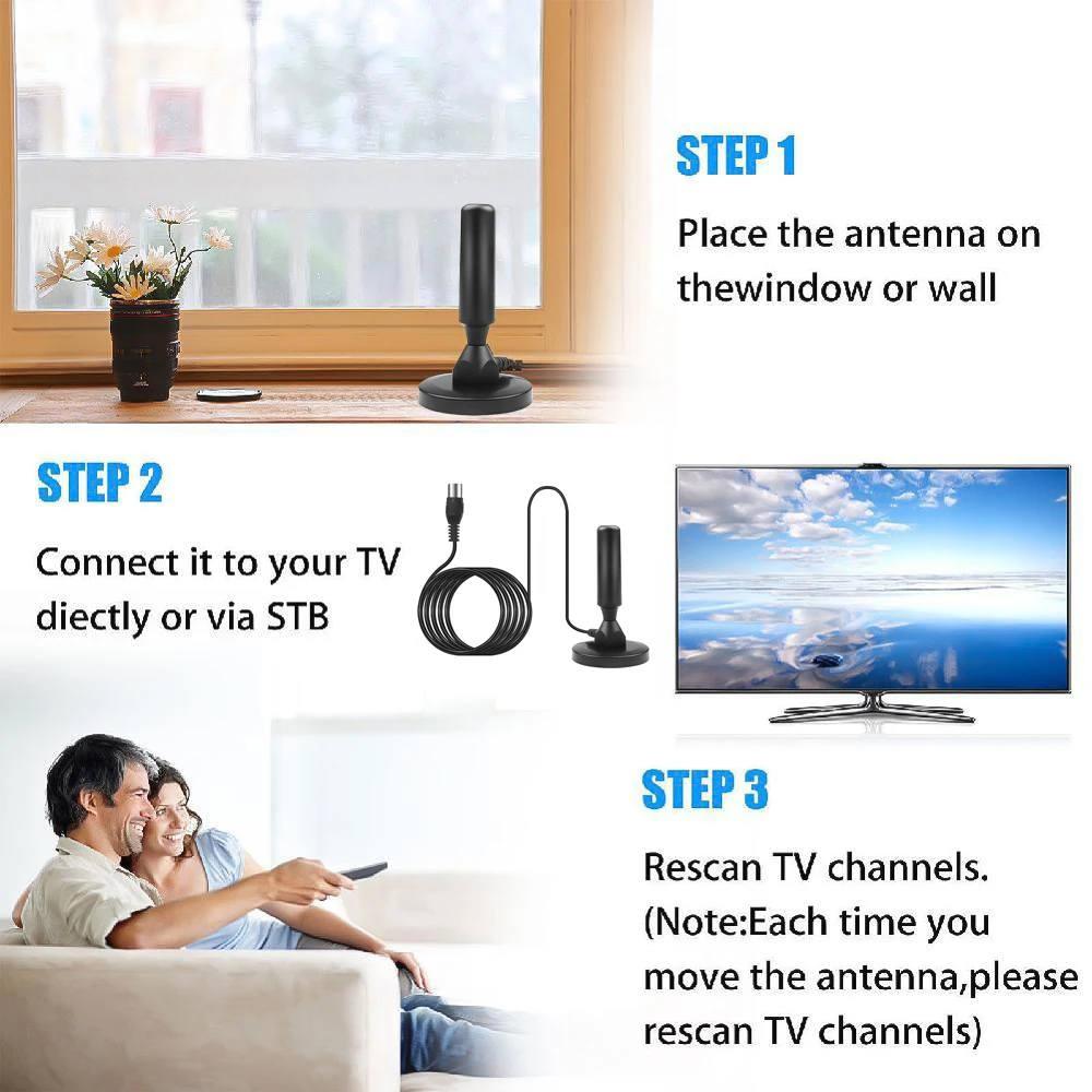 Kebidumei цифровая ТВ антенна 30dBi усиление внутри DVB-T DVB-T2 HD 1080p VHF 174-230MHz/UHF 470 -862MHz