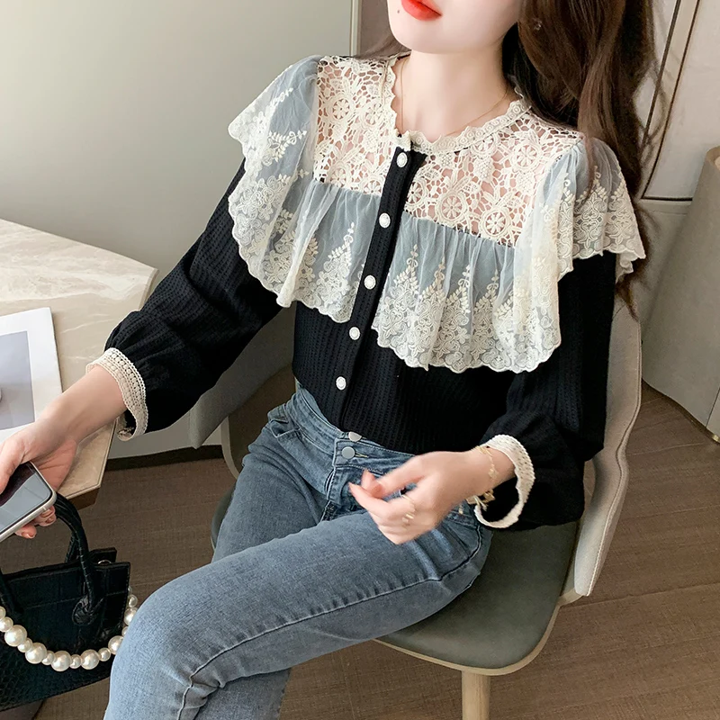 

Womens Shirts Blouses Patchwork Knitted Lace Button Up Shirt Long Sleeve Blouse Autumn Winter O-neck Basic Clothing Ladies Tops