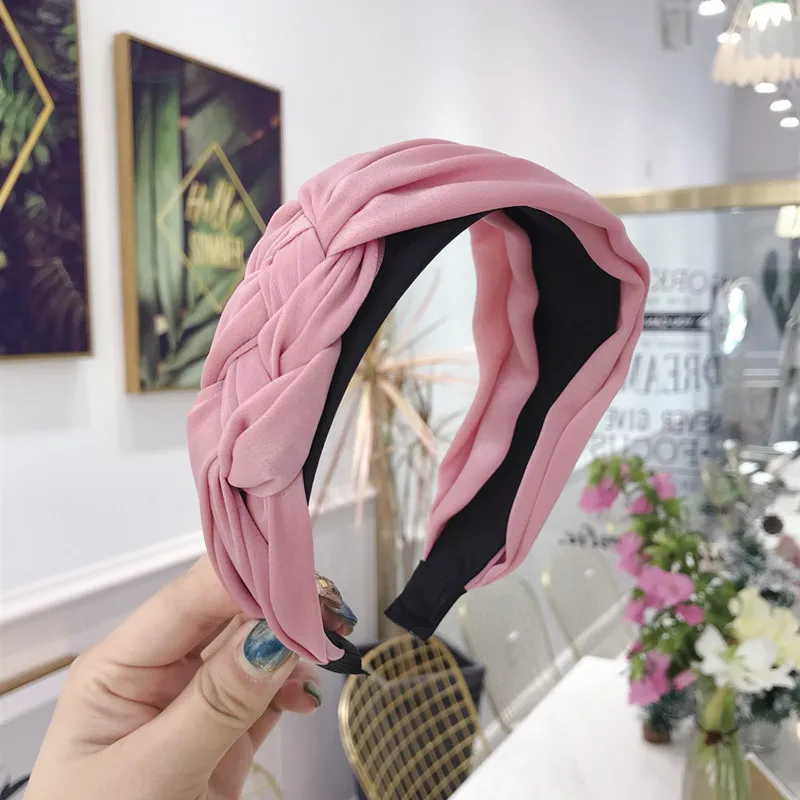 Pink Модная эластичная повязка на голову для девушек, ручная работа, тканевая лента для волос с поперечным плетением, широкая сторона, обруч для волос для девушек, головной убор, ювелирное изделие - Окраска металла: Pink