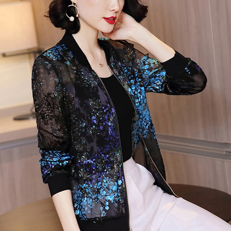 

Women 2021 Fashion Summer Baseball Women's Print Lace Basic Jacket Thin Bomber Female Jacket Sunscreen Clothes