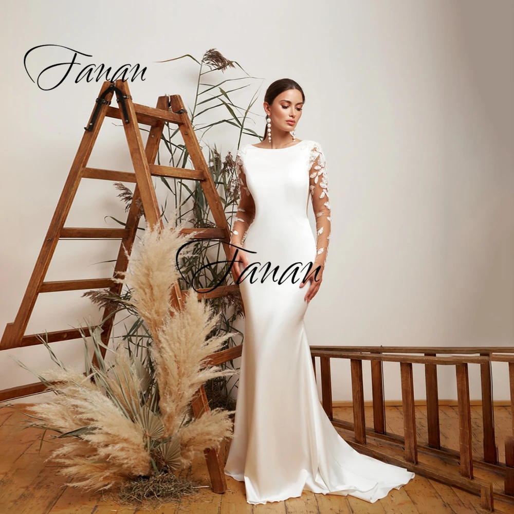 

Scoop Neck Long Sleeve Mermaid Wedding Dresses See-Through Lace Feathers Bridal Gown robe de soirée de mariage Свадебное платье