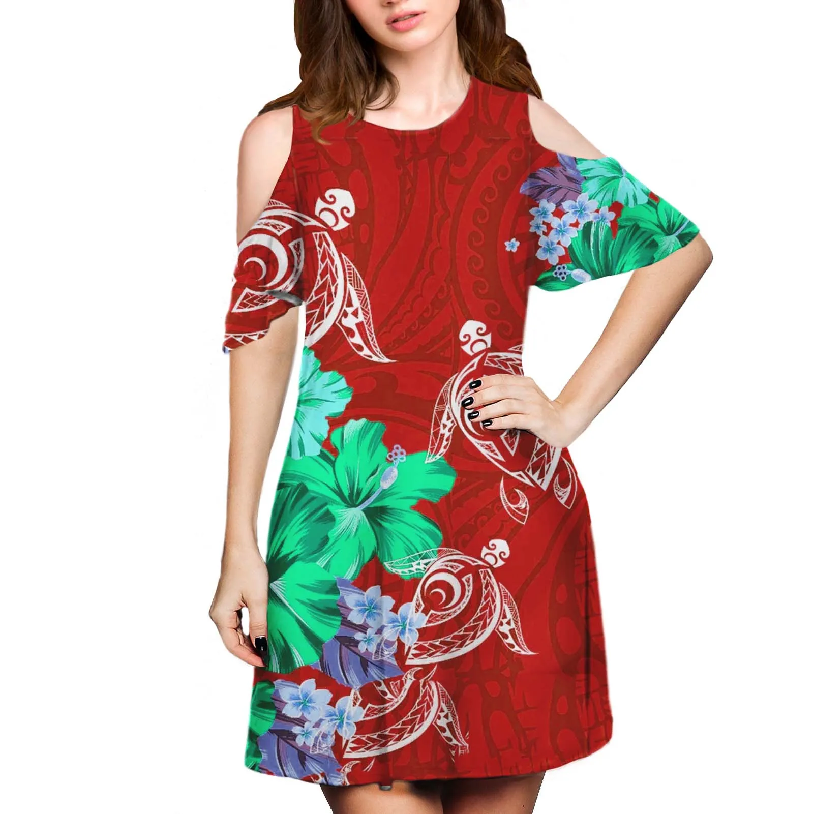 Hycool Лидер продаж полинезийская принт для женщин Милое Платье миди красное платье