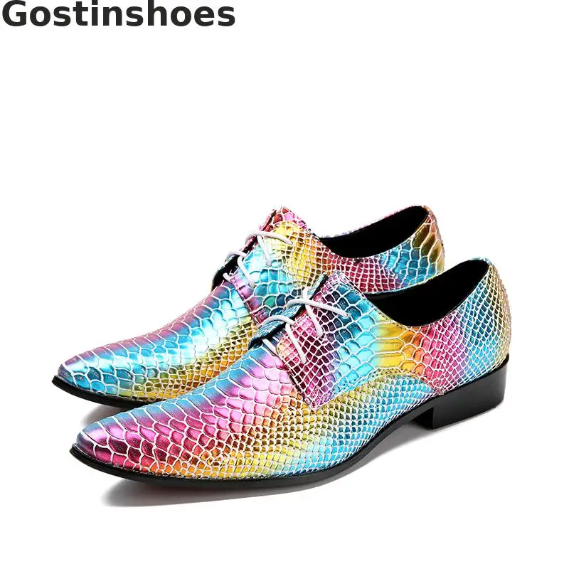Модные мужские туфли в стиле Дерби цвета радуги повседневные кожаные из