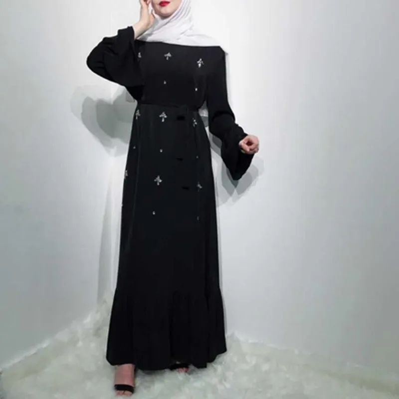 

Hand Made Diamond Beading Muslim Peignoir Robes Syari Dubai Fashion Female Full Length Ruffles Abaya Muslim Dress With Belt