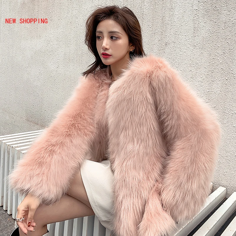 Winter Elegant Thick Warm Luxury Mink Coat Pink Fluffy Natural Fox Fur Jacket Fashion Teddy Coats Outerwear Chaquetas Mujer 2021