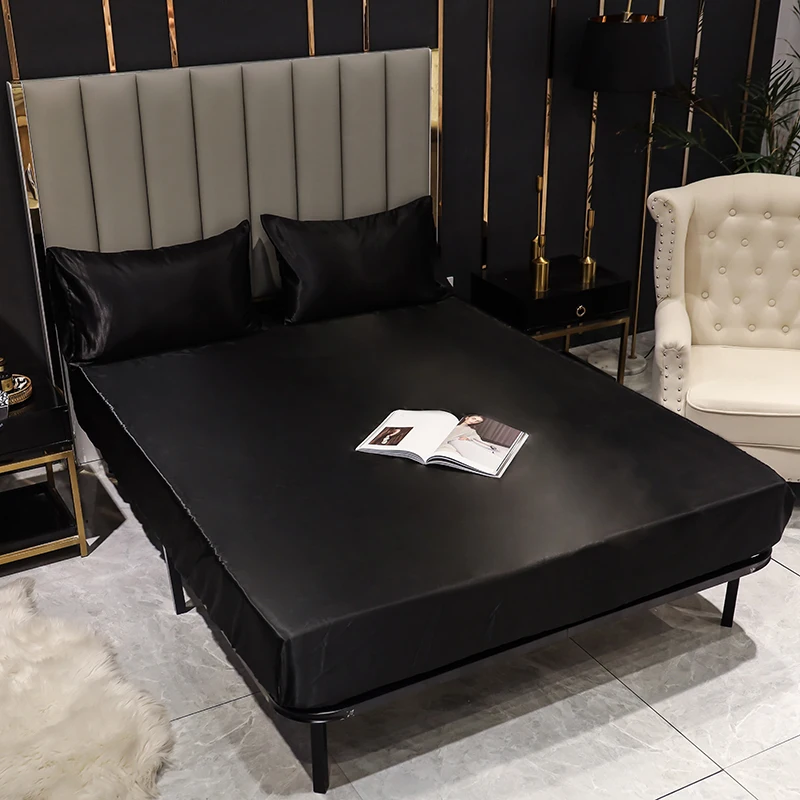 

Black Color Sleeping Fitted Sheet Set 3pcs/set Satin Silky Bed Sheet with Pillowcase Twin Full Queen King Bed Mattress Cover Set