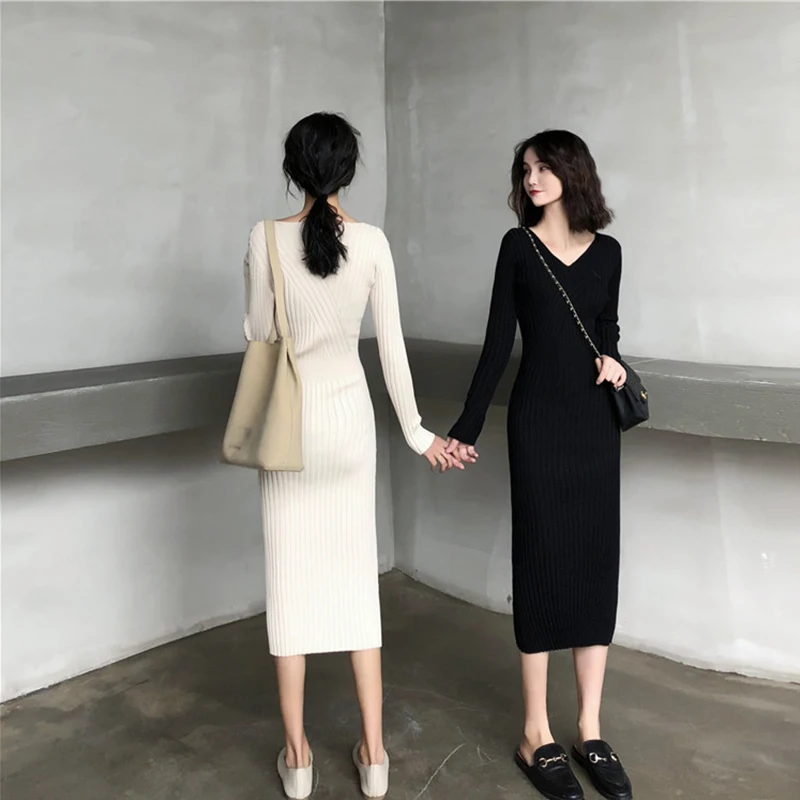 

Sister Fara Spring Autumn New Woman's Knitting Dress V-Neck Vintage Long Sleeve Vertical Bar OL Office Lady Black Hedging Dress