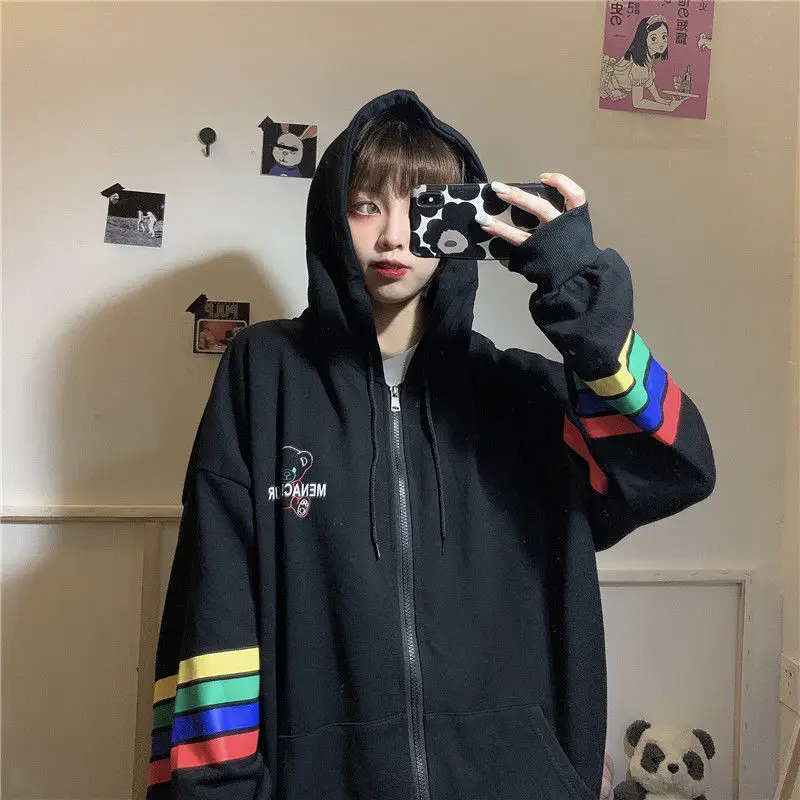

Deeptown Korean Style Women Hoodie 2021 Spring Rainbow Print Zip Up Hoodie Long Sleeve Loose Fashion Tops Casual Sweatshirt
