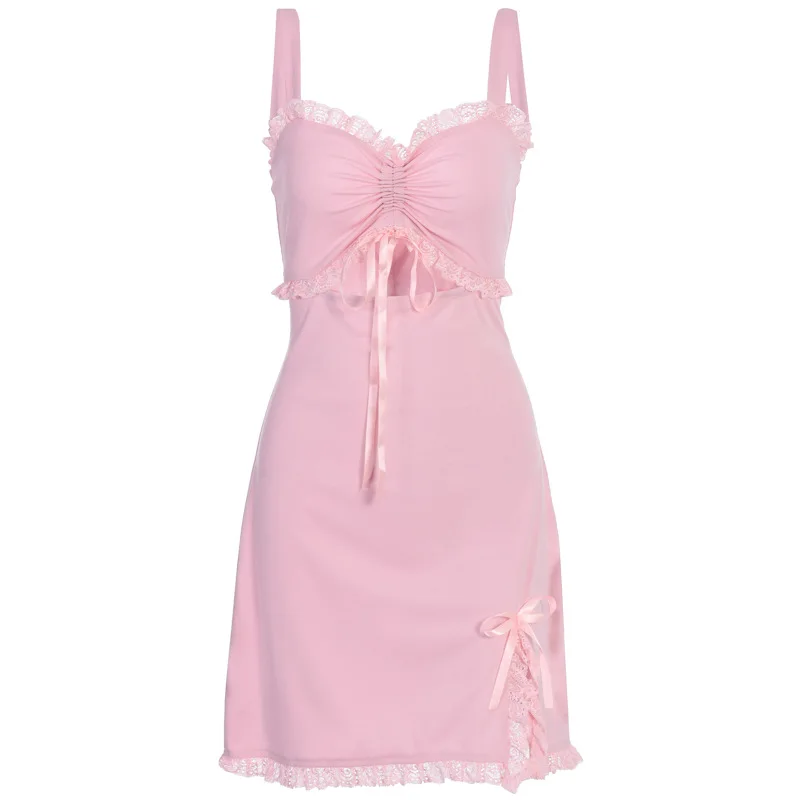 

Women Sexy Deep V Neck Lace Up Hollow Out Ruffles Spaghetti Strap Sleeveless Split Mini Dress Harajuku Chic Y2K Dress Casual