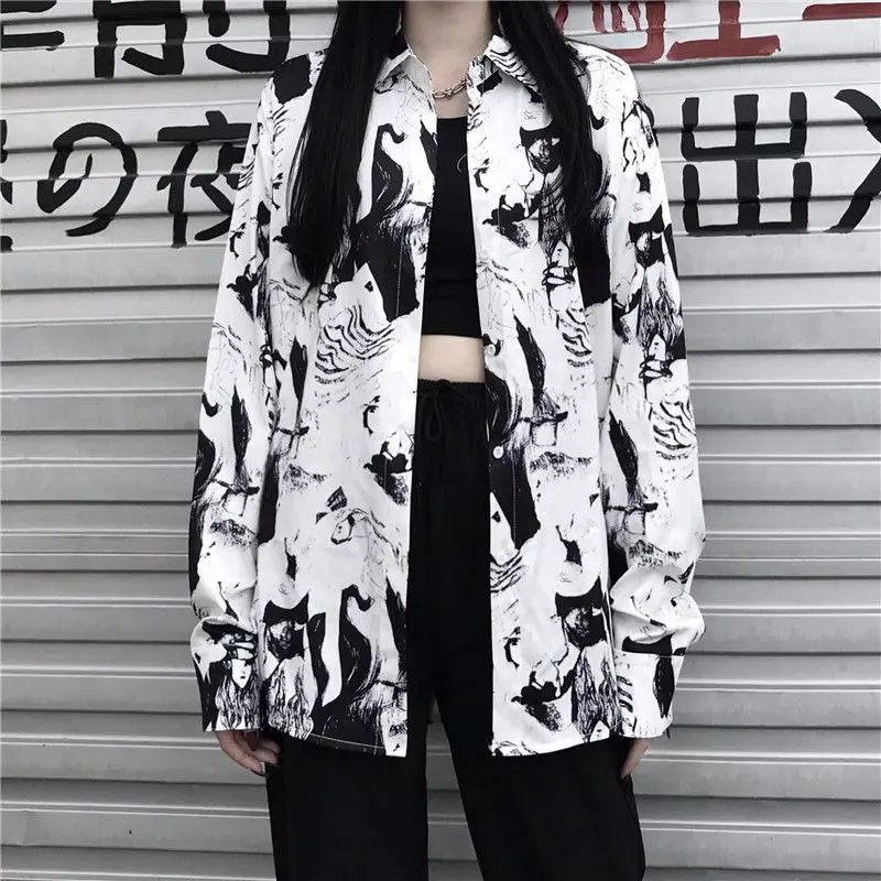 

2020 Spring Autumn Women Blouses BF Style Oversize Gothic Shirt Harajuku Tops Print Long Sleeve Shirts Female Streetwear Blouses
