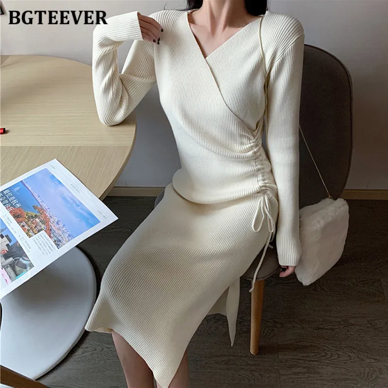 

Платье-Свитер женское трикотажное с V-образным вырезом и длинным рукавом