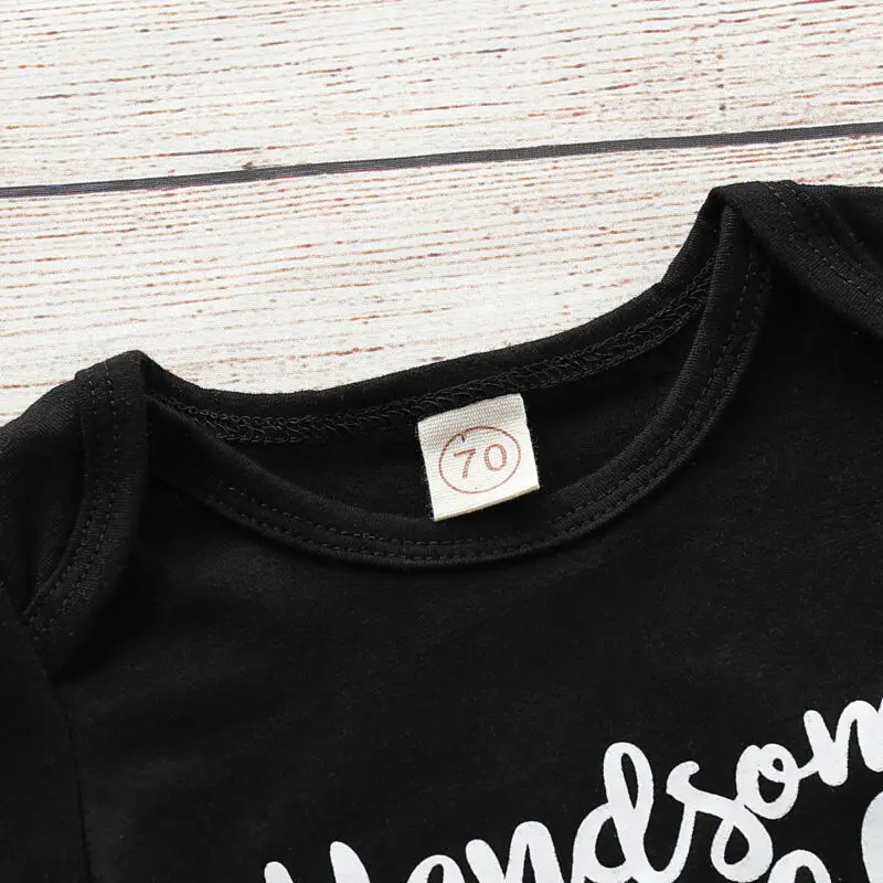Unisex Cute Baby Boy Girl Clothes Short Sleeve Funny Letter Print Romper +Long Pants +Hat Black 3PCS Outfits 0-18M | Детская одежда и
