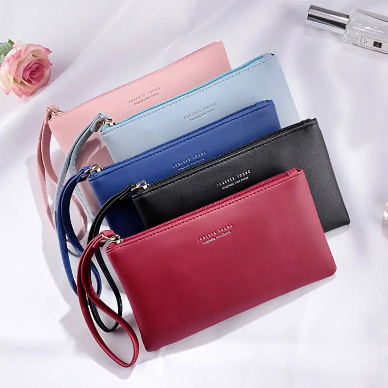 

2020 Fashion Women PU Leather Purse Wristlet Zipper Wallet Handbag Envelope Phone Key Case Clutches for Women Coin Purses