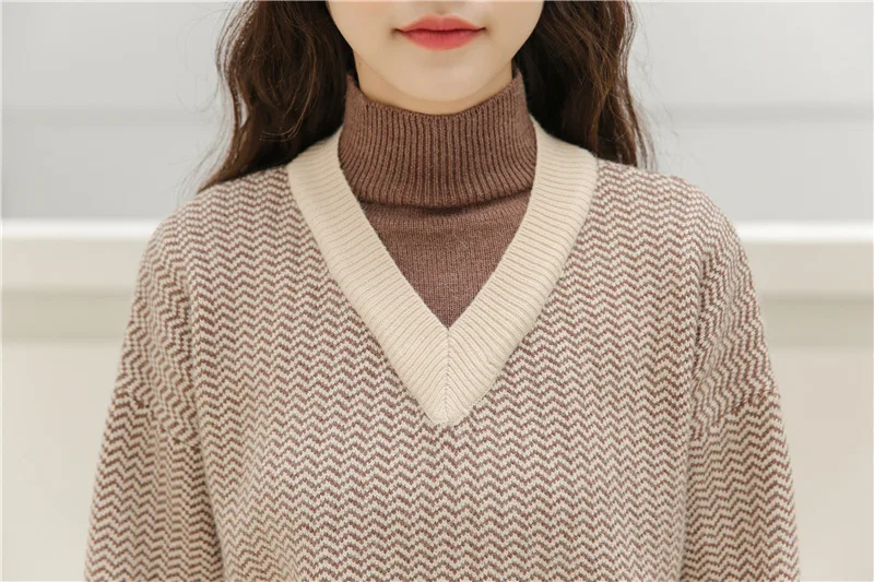 

Autumn Winter Faux Two Clothes Turtleneck Pullovers Jumper Loose Women Wave Pattern Knitted Sweater Long Sleeve Casual Tops