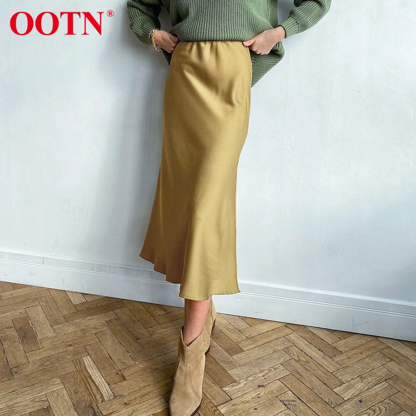 

Женская атласная юбка до середины икры OOTN, желтая трапециевидная однотонная длинная офисная юбка с высокой талией и эластичной резинкой на ...