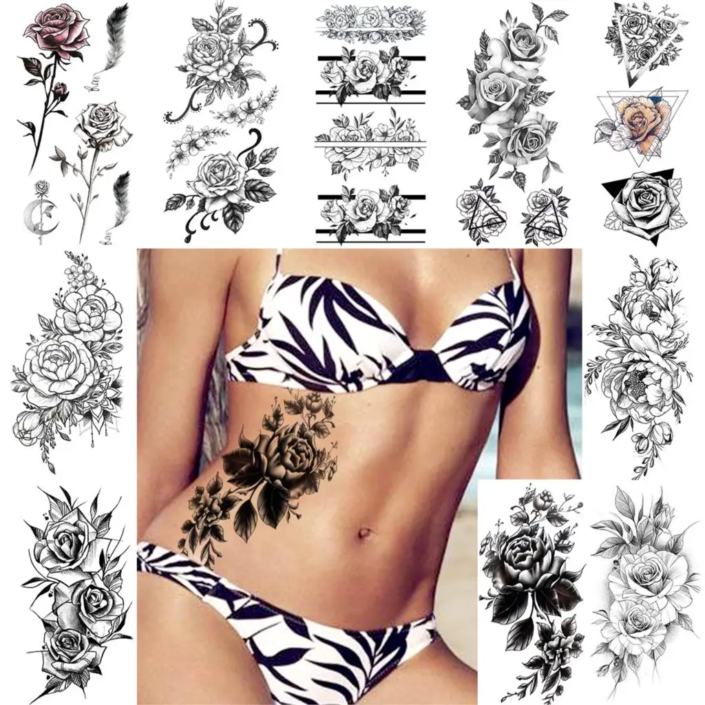 Черная роза временная татуировка наклейка для женщин взрослые руки ноги цветы