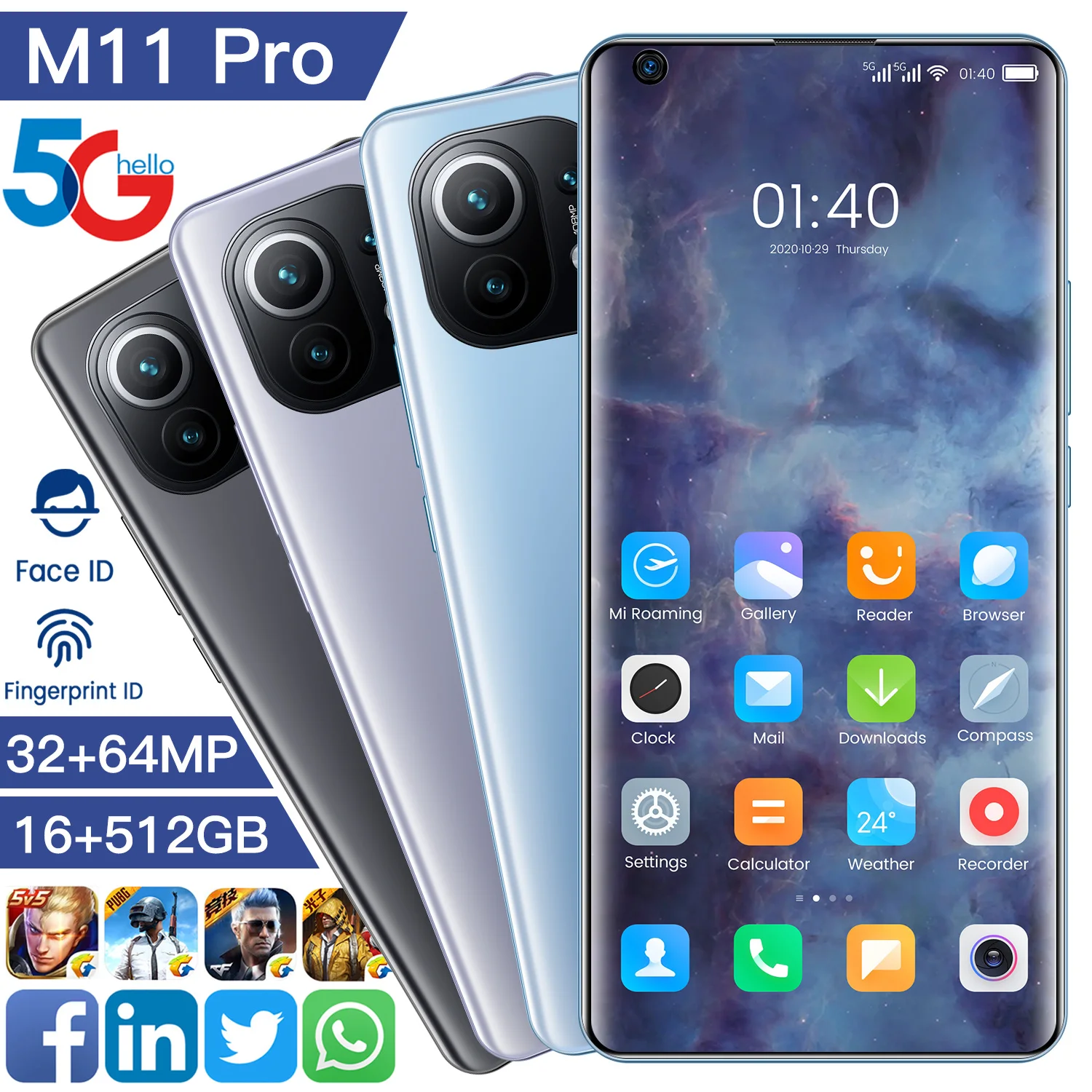 

New Cell phone M11 Pro 7.3 Inch Left Digging Screen 32+64MP Face ID 6800mAh 16+512GB Andriod 11 Smart Phone Celular MTK6889+