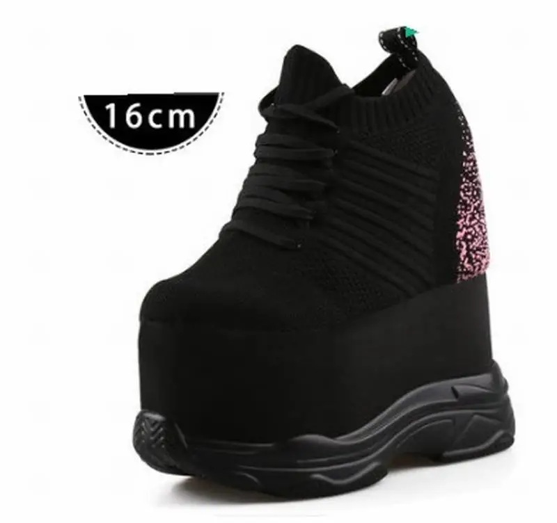 black 16cm Cyabmoz/женские кроссовки на высоком каблуке, увеличивающие рост; дышащая обувь на платформе; женская повседневная обувь; Tenis feminino - Цвет: black 16cm