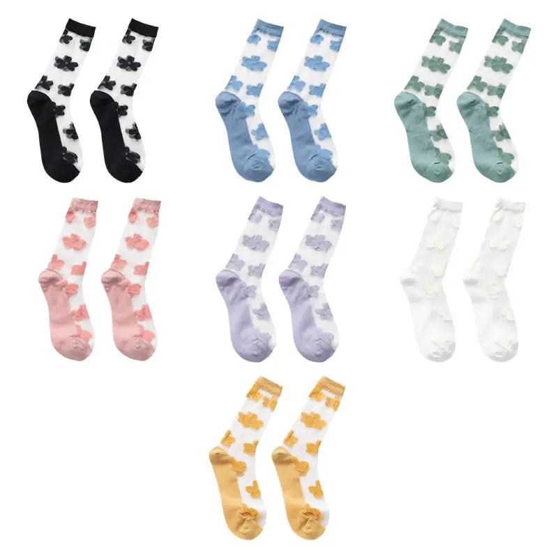 

Female Transparent Glass Fiber Crew Socks Sweet Candy Color Floral Tube Hosiery 649C