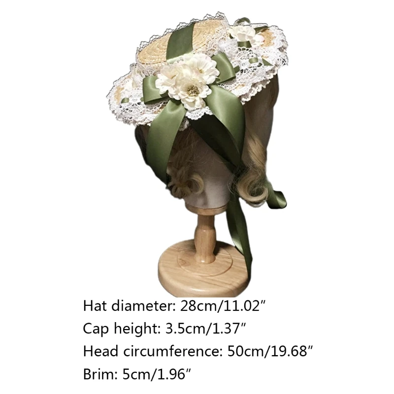 

Women Girls Lolita Elegant Tea Party Flat Hat Multilayer Lace Bonnet Artificial Flower Ribbon Bow Straw Beach Sun Cap
