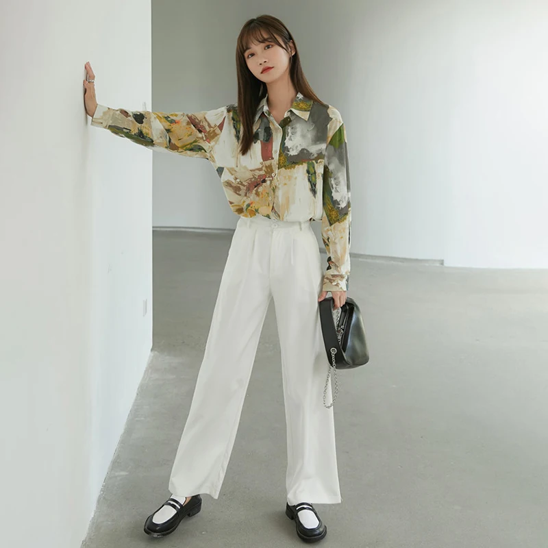 

Big Size Women Vintage Printed Blouse New Lapel Long Sleeve Loose Fit Shirt Fashion Tide Spring Autumn 2021 1DD0724