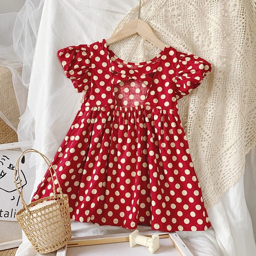 

2021 New Summer Children's 1-6Y Wave Point Skirt Girls Short-sleeved Dress Cross Backless Skirt Princess Dress