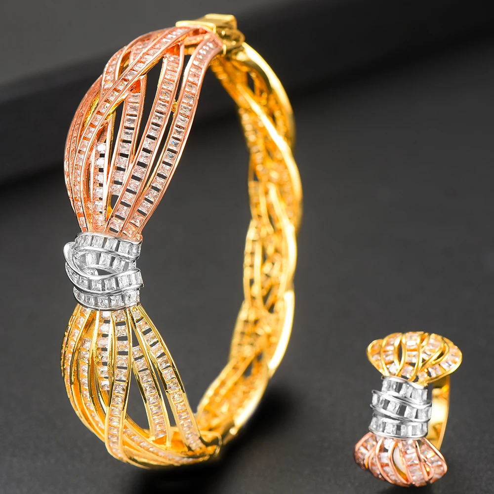 

Kellybola Dubai Gorgeous Finely Noble Bow Bangle Ring Sets for Women Wedding Bridal Bangle Ring Sets Aretes de Mujer Modernos