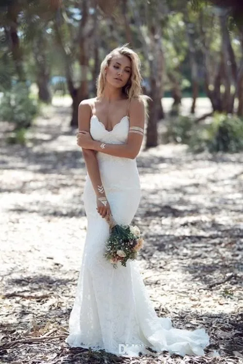 long sleeve bridal gowns White Lace Backless Boho Wedding Dresses 2021 V-neck Spaghetti Straps Summer Mermaid Beach Wedding Gowns Bride Dresses affordable wedding dresses