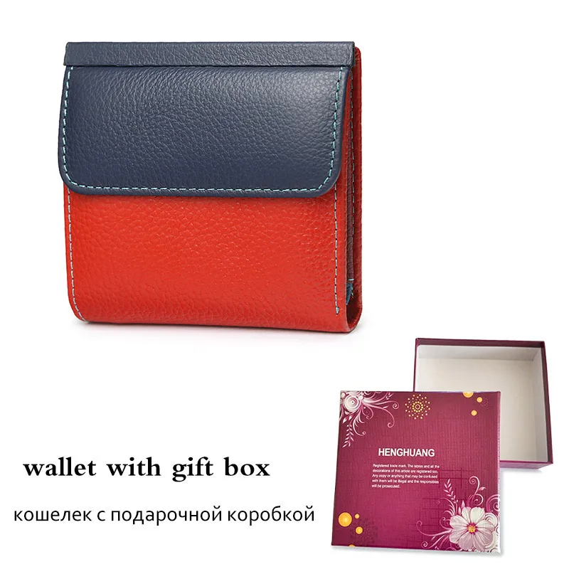 Dark blue-red Box HH Мини Женский кошелек из натуральной кожи, маленький роскошный женский кошелек из коровьей кожи, тонкий ID держатель для карт, женские кошельки, сумка для денег - Цвет: Dark blue-red Box