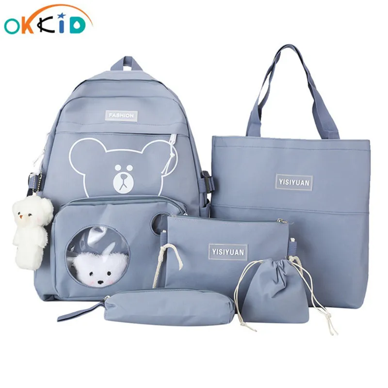 

OKKID 6pcs set School bags For Teenage Girls Canvas bookbag Women Backpack Kids School Backpack College Student Laptop Backpack