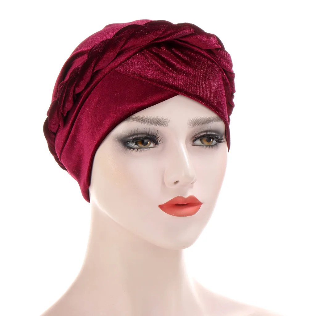 

Muslim Women Solid Cross Korean Velvet Braid Turban Hat Headscarf Cancer Chemo Beanie Cap Hijab Headwear Hair Accessories