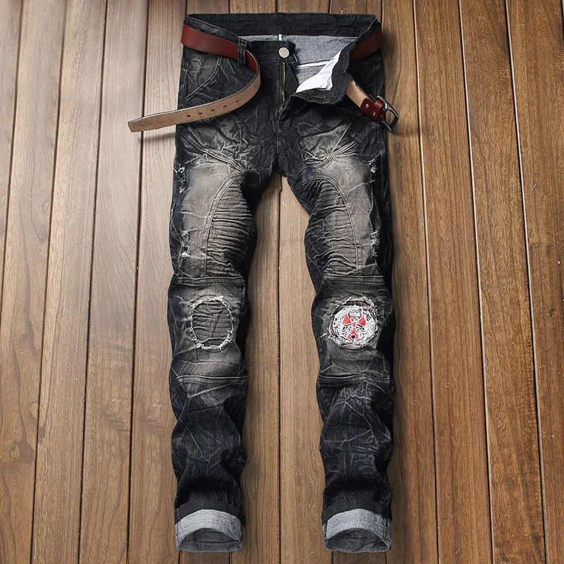 

2D CROSS-BORDER JEANS Men elastic embroidery holes pants custom logo print on product and package from 1pc dropship